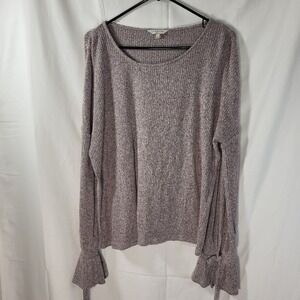 Lucky Brand Womens Ribbed Knit Bell Sleeve Tie Cuff Sweater Heathered Tawny L